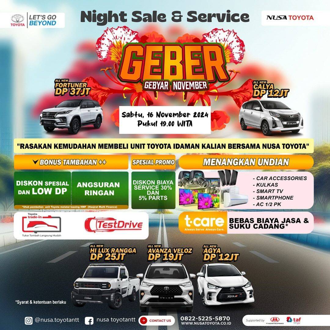 Nusa Toyota Night Sale & Service Hadir Lagi di Bulan November 2024